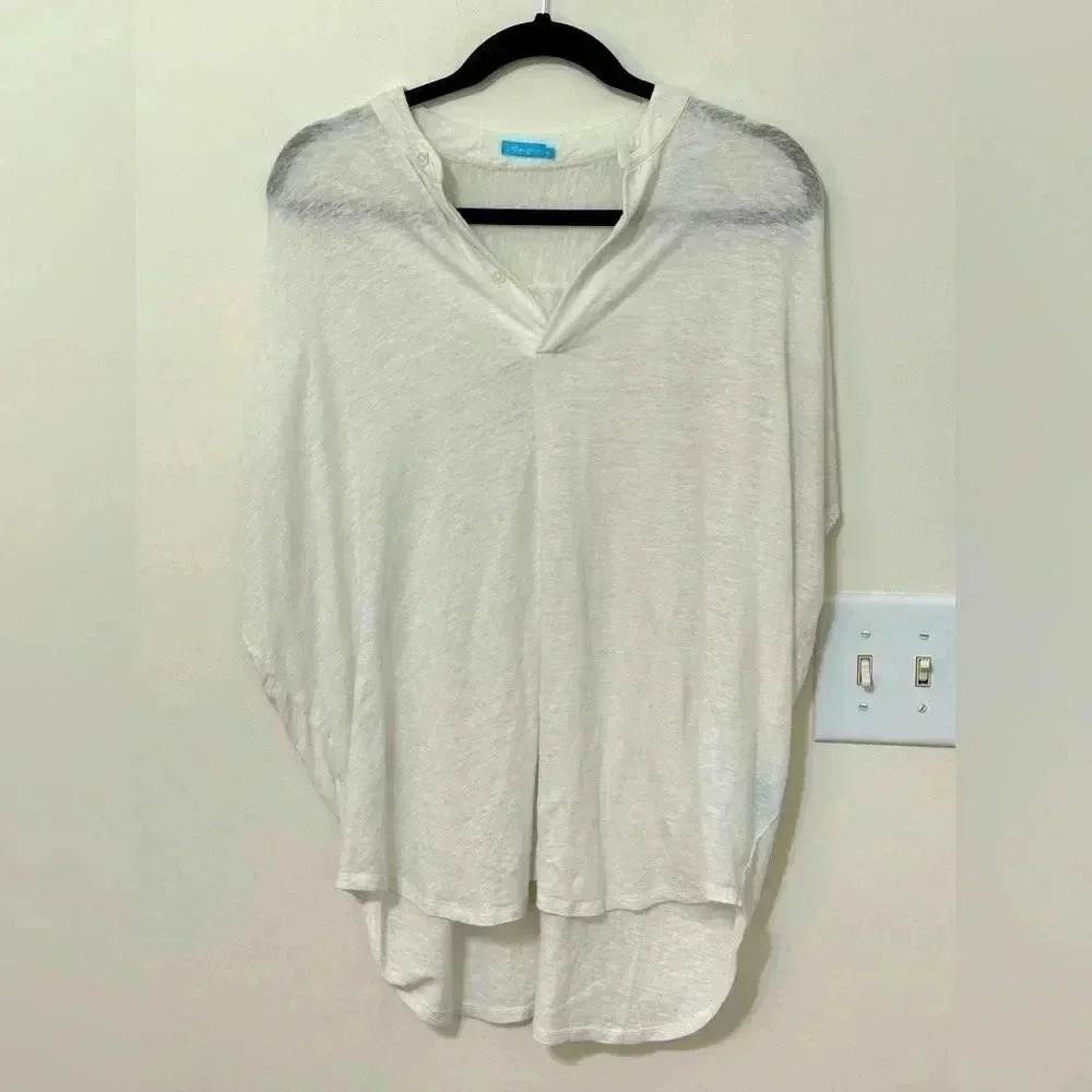 J McLaughlin White Linen Blend Poncho Top‎ Oversized V-Neck Pullover Women's M